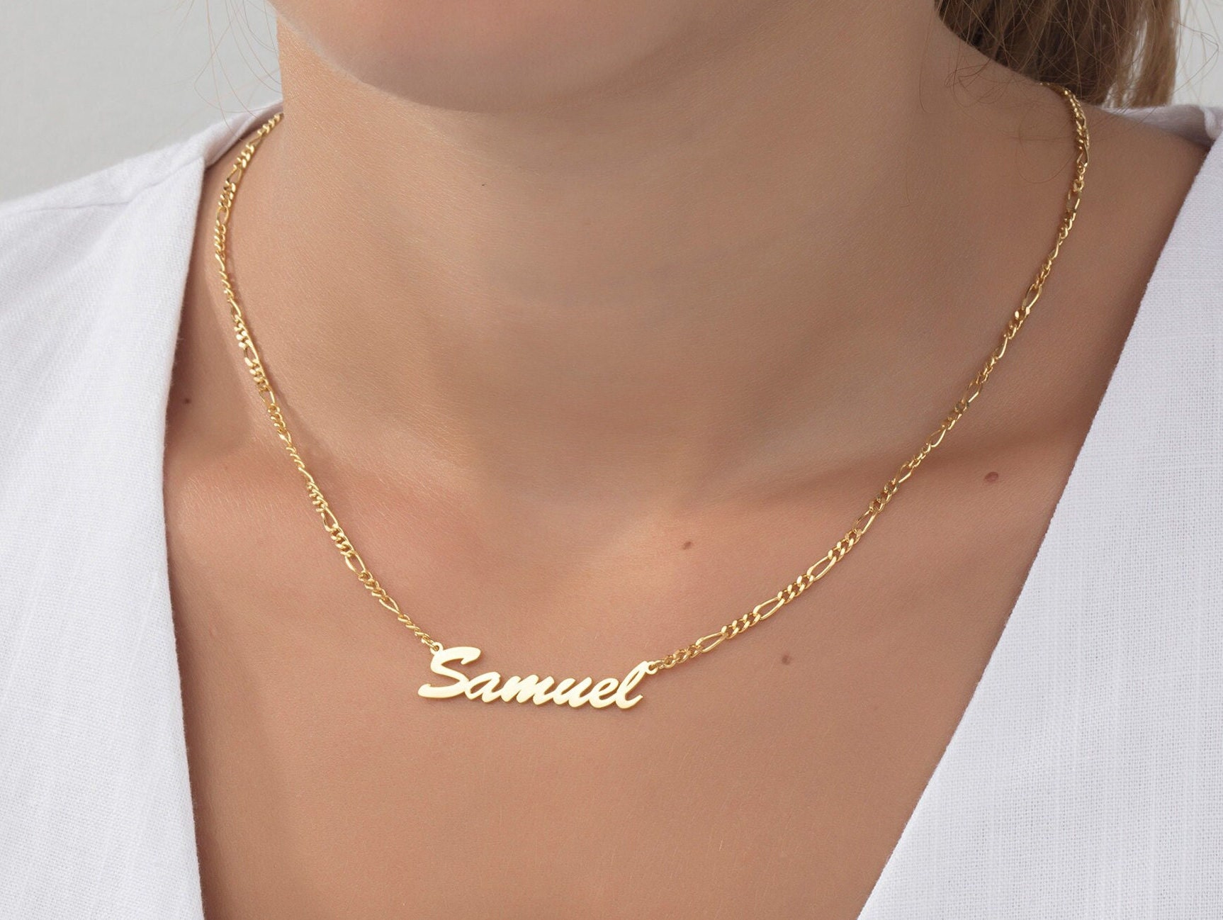 14K Gold Customized Name Pendants, 18K Solid Gold Name Plate With Figaro Chain Necklace, Necklace For Mothers, Best Gifts For Mom