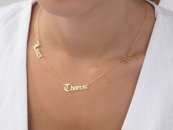 14K Solid Gold Multiple Name Necklace Old English Font Double
