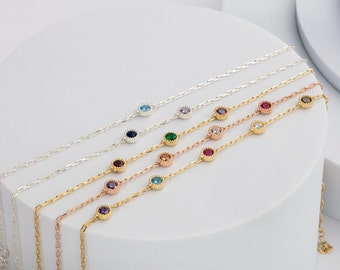 Solid Gold Spaced Birthstone Bracelet, Personalized Jewelry Gift, 14K Multi Birthstone Bracelet, Birthday Gifts For Mom, Mother's Day Gifts