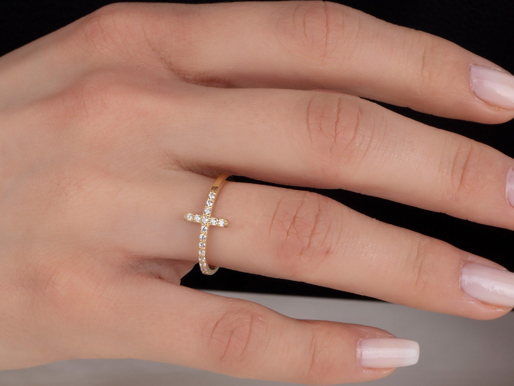 14K Gold Dainty Cross Rings, 18K Zircon Diamond Cross Ring