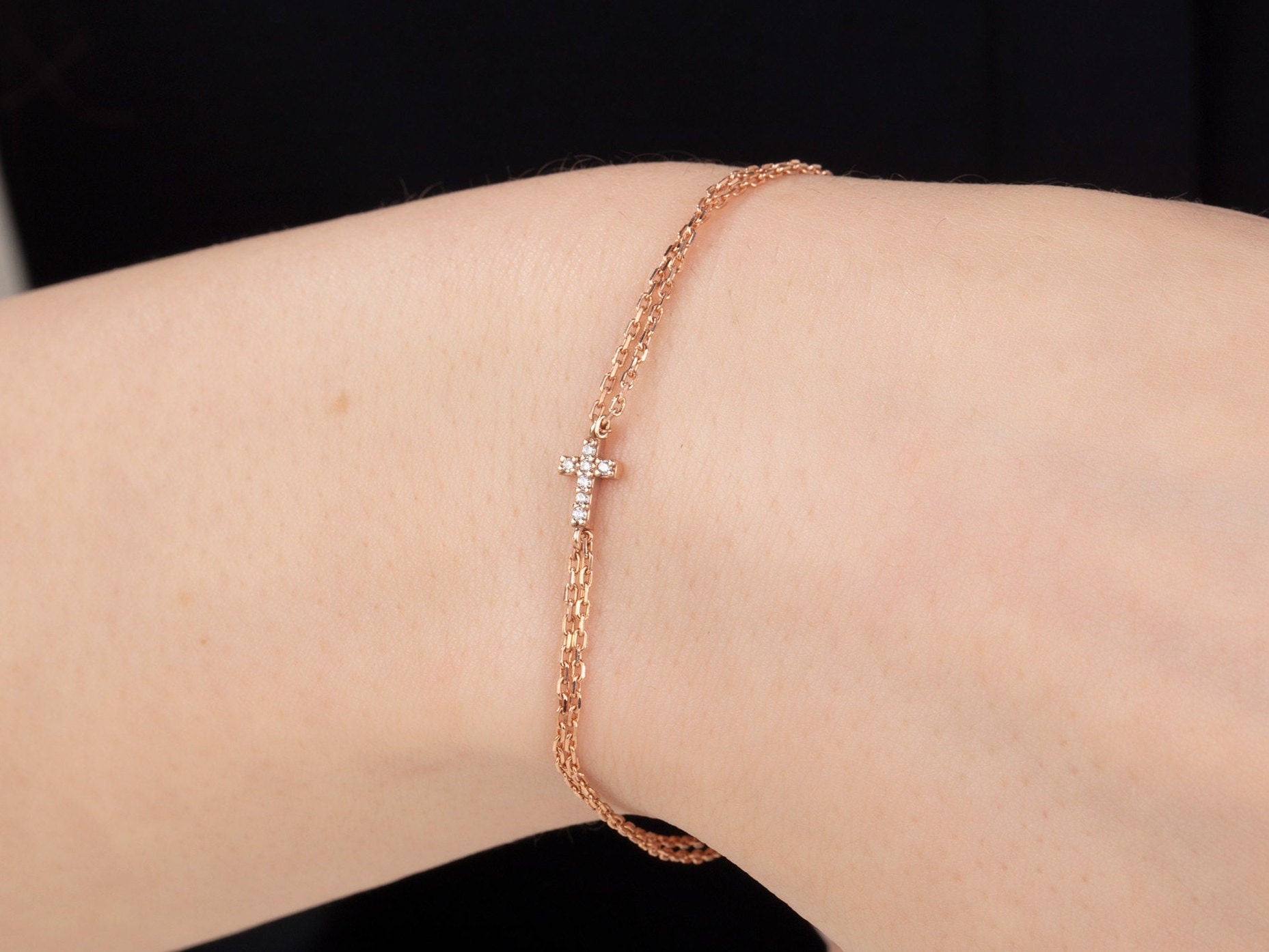 14K Gold Zircon Diamond Cross Bracelets, Sterling Silver 14K Gold Zircon Diamond Cross Bracelets, Sterling Silver