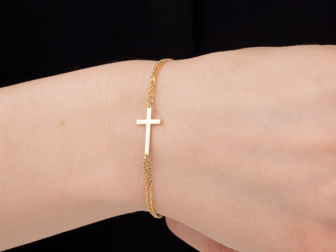 14K Solid Gold Cross Bracelet, 18K Dainty Cross Bracelets, Birthday