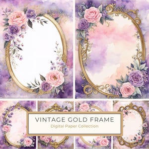 Aquarel Rose Frame digitaal papier, 10 JPG roze paarse bloemen, ovale lijst, romantische achtergronden, scrapbooking, uitnodigingen, commercieel gebruik