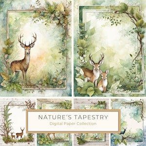 Natures Tapestry: aquarel natuurkunst digitale papierset met botanische lijst, bos herten, digitale print, commercieel gebruik, 10 jpg's