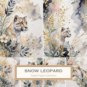10 Aquarell Schnee Leopard-Profil mit floralen Elementen Digital Papier Set, Ideal für Handwerk, Scrapbooking, Kartenherstellung, kommerzielle Nutzung, JPGs