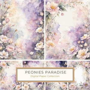 May include: A digital paper collection featuring watercolor illustrations of white peonies with pink and purple watercolor backgrounds. The text "PEONIES PARADISE Digital Paper Collection" is displayed in a brown rectangle.