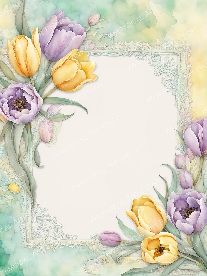 Watercolor Tulip Frame, Lavender & Yellow Floral Border, Digital Paper