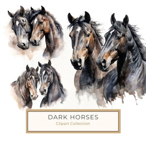 Impression d'art chic aquarelle cheval noir portrait, étalon et jument PNG clip, meilleur cadeau pour les cavaliers, amateurs d'art équin, usage Commercial