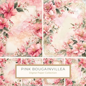 Confezione di carta digitale Bougainvillea ad acquerello, 10 cornici floreali rosa antico JPG, sfondi da sogno per scrapbooking, diari, uso commerciale