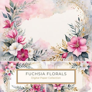 Paquete de papel digital floral de acuarela fucsia vibrante para álbumes de recortes, fabricación de tarjetas, borde floral horizontal con letras de EE. UU. para uso comercial, 10 archivos JPG