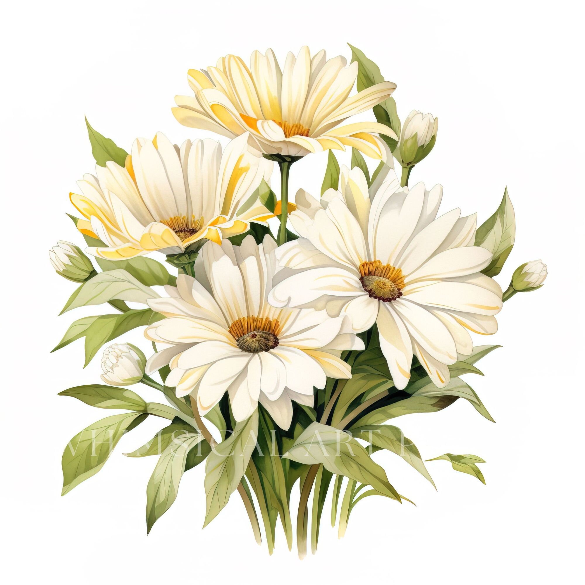 White Gerbera Daisy Clipart, Bouquet Clipart, Watercolor Flower