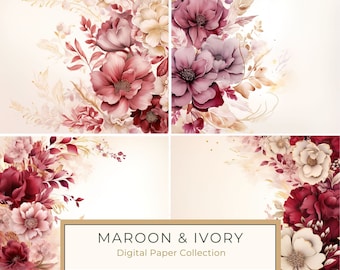 Floral Digital Paper: Maroon & Ivory Watercolor Flowers (300 DPI JPG)