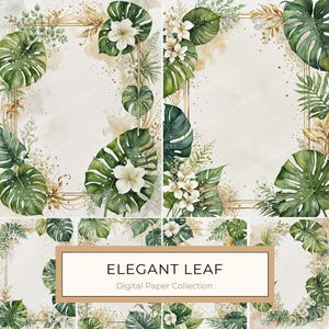 10 Aquarell tropisches Monstera Blatt mit Schleierkraut Digitales Papier-Set, perfekt für DIY-Handwerk, Scrapbooking, kommerzielle Nutzung, JPGs