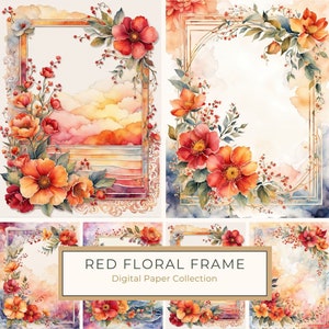 Cornice floreale ad acquerello con fiori rossi e accenti arancioni, set di carta digitale, bordo pagina, album, stampa digitale, uso commerciale, 10 JPG