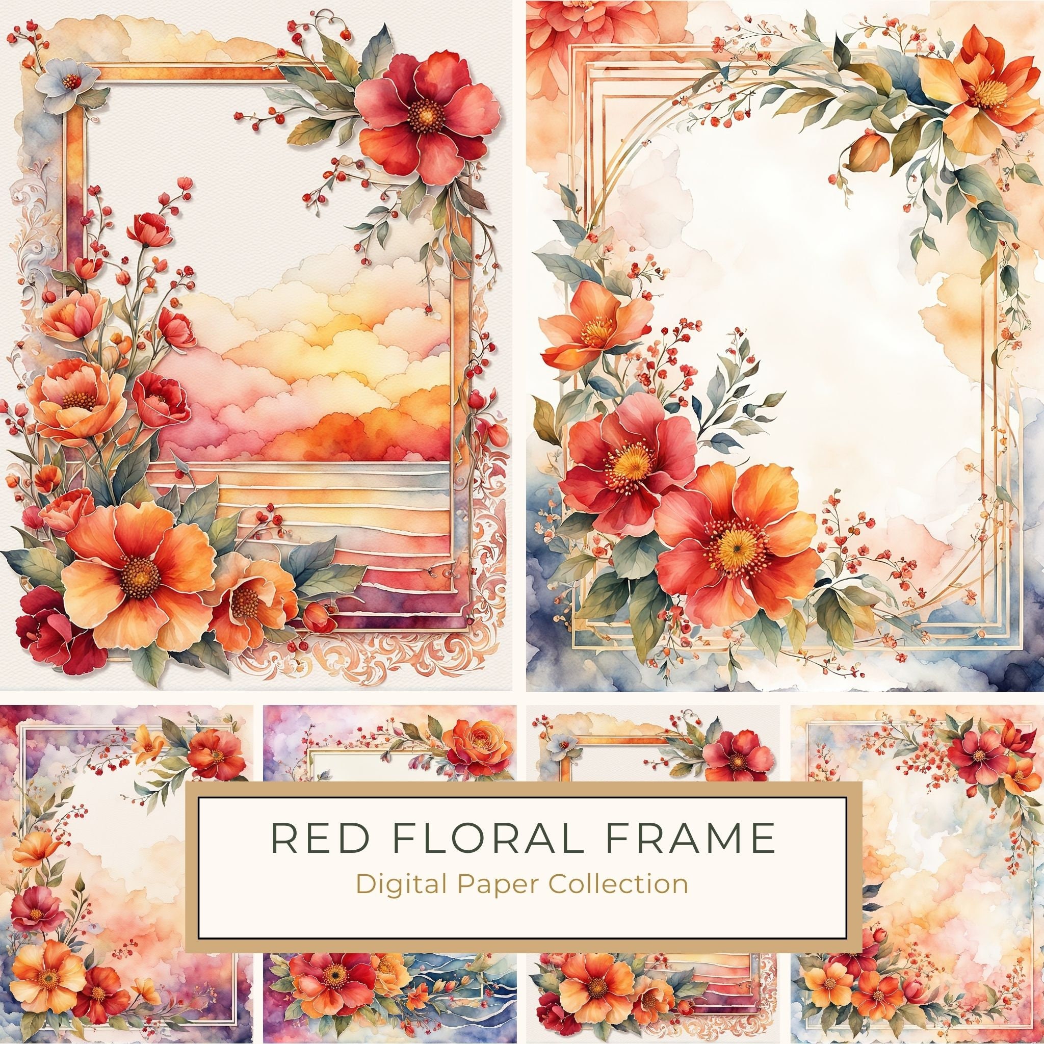 Watercolor Floral Frame with Red Flowers & Orange Accents Digital Paper Set, Page Border, Scrapbook, Digital Print, Commercial Use, 10 JPGs