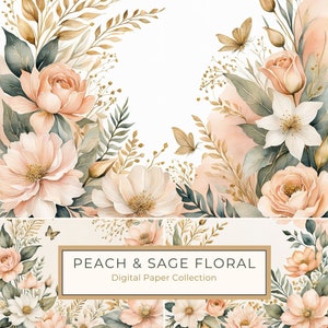 Könnte beinhalten: Eine digitale Papiersammlung mit Pfirsich- und Salbeifloralmustern. Die Sammlung umfasst eine Vielzahl von Blumenmustern in zarten Pfirsich- und Salbeifarben, perfekt für Bastel- und Designprojekte.