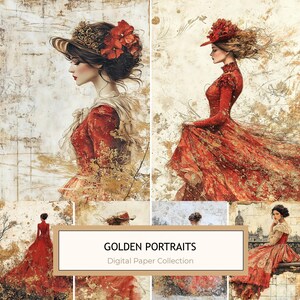 Páginas de diario vintage con acuarela de damas con detalles dorados en tonos cálidos rojos y neutros, 10 archivos JPG, perfectas para scrapbooking y manualidades.