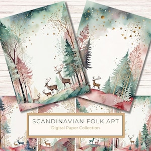 10 aquarel Scandinavische bosscène Volkskunst met herten Digitaal papierpakket voor ongewenste dagboekachtergrond en wenskaarten, commercieel gebruik