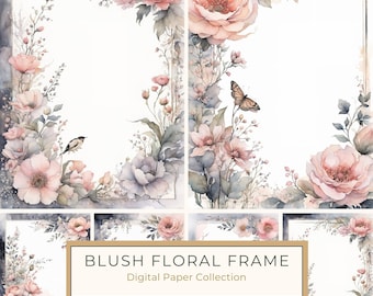 水彩花柄フレーム デジタルペーパー：ブラッシュ＆グレーのボタニカル