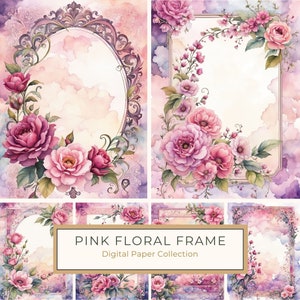 Pack de papier numérique bordure fleurs roses et mauves aquarelle, cadre de page botanique, album de scrapbooking de mariage, impression numérique, usage commercial, 10 JPG