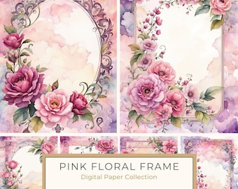 Watercolor Pink & Mauve Flowers Border Digital Paper Pack, Botanical Page Frame, Wedding Scrapbook, Digital Print, Commercial Use, 10 JPGs