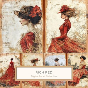 Set di carta digitale acquerellabile "Donne vintage in rosso intenso e oro", 10 JPG, perfetto per scrapbooking, diario fai da te, uso commerciale