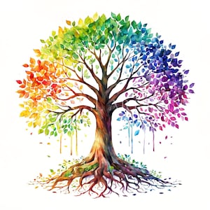 Árboles antiguos místicos de acuarela: imágenes prediseñadas de árboles con colores vibrantes del arco iris, espiritualidad, álbum de recortes y manualidades ancestrales, uso comercial, 10 archivos JPG PNG