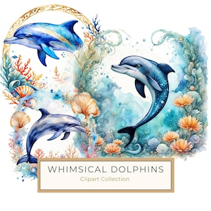 Watercolor Dolphin Clipart: Whimsical Coastal Boho Wreath, Shells, Ocean Life, Beachy Art Digital Print Commercial Use, 10 JPG & PNG Files