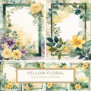 Confezione di carta digitale con fiori gialli acquerellati e cornice verde salvia, bordo botanico, scrapbooking, stampa digitale, uso commerciale, 10 JPG