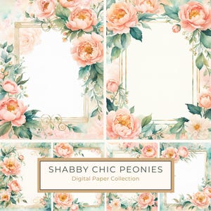 Juego de papeles digitales con diseño de peonías en acuarela, 10 archivos JPG, bordes y fondos florales en rosa ruborizado para tarjetas de boda, álbumes de recortes y uso comercial