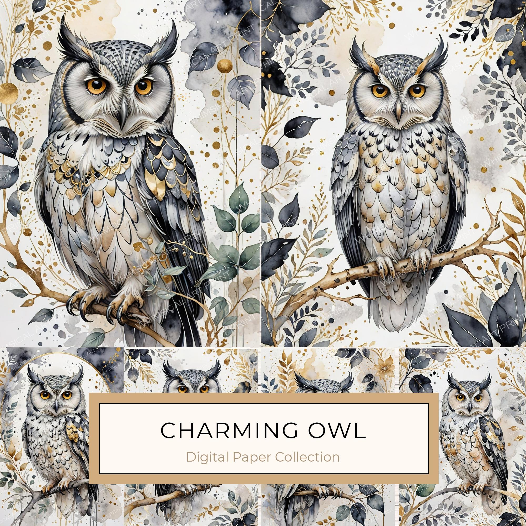 10 Watercolor Owl with Botanical Elements Digital Paper Set, Perfect for Card Making, Scrapbooking a