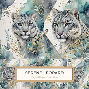 10 aquarel sneeuwluipaard in serene blauwe tinten met gouden detail digitale papierset voor kaarten maken, scrapbooking, commercieel gebruik JPG's