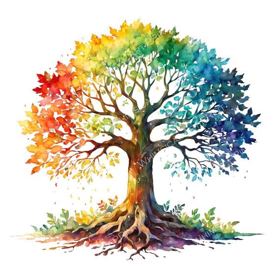 Watercolor Rainbow Tree Clipart: Minimalist Tree Graphic Art (JPG