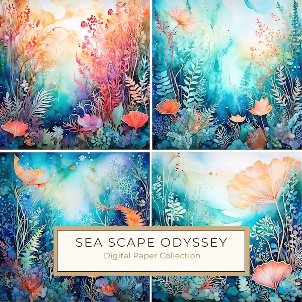 Sea Scape Odyssey Digital Paper Set, Aquamarine and Coral Backgrounds, Underwater Landscape Digital Art Printables, 10 JPGs Commercial Use