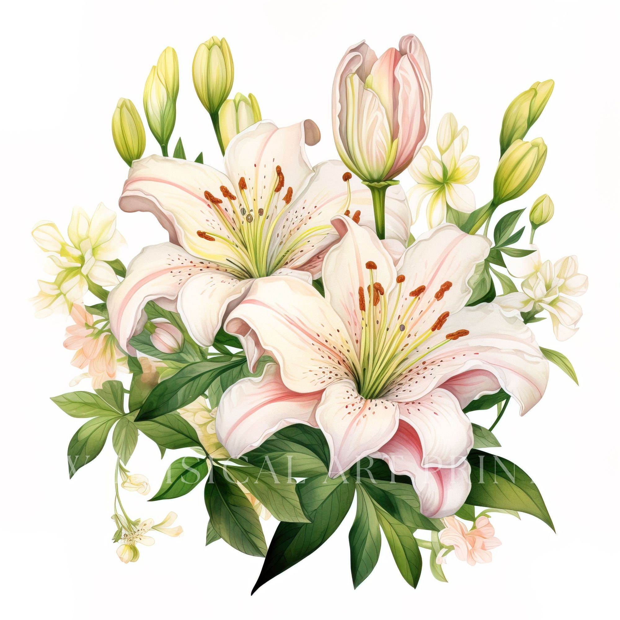 ピンクのユリの花束のクリップアート：水彩画の花（PNG、JPG、300 DPI