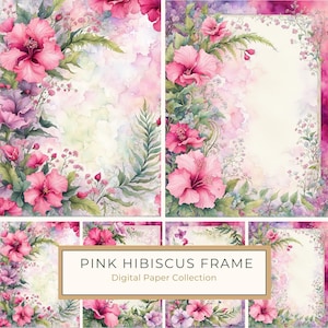 Aquarell Hibiskus Rahmen Digitales Papier, 10 JPG rosa tropische Blumen, romantische Hintergründe, Scrapbooking, Kartenherstellung, kommerzielle Nutzung