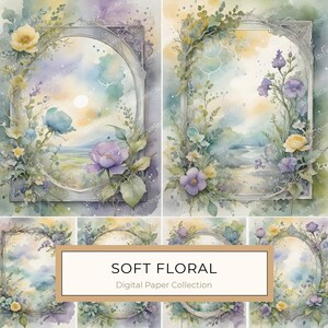 Aquarel sereen landschap in bloemenlijst in zachte pastelkleuren, digitaal papier voor scrapbooking, kaarten maken, sublimatie, jpg's, commercieel gebruik