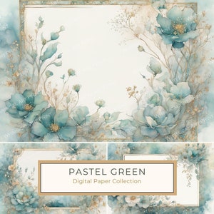 Papel digital floral de acuarela verde pastel, bordes abstractos para álbumes de recortes y diarios basura, invitación de boda DIY, uso comercial, 10 archivos JPG