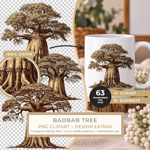 12 Baobab Tree of Life Clipart PNG - Vintage Sketch Style - Commercial Use