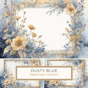Dusty Blue Aquarell Blumenrahmen Digital Paper Pack, Dusty Blue & Beige Mix, DIY lädt ein, Scrapbook-Hintergrund, kommerzielle Nutzung, 10 JPGs