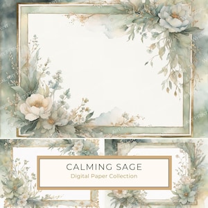 Kalmerende salie aquarel bloemen lijst digitaal papierpakket, zachte salie, gouden details, elegant, plakboekachtergrond, 10 jpgs digitale kunstafdruk