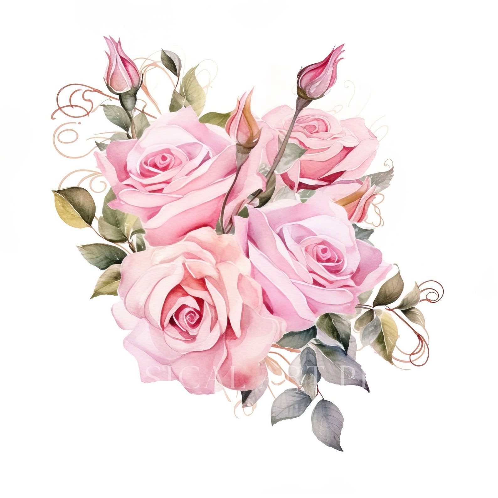 Pink Rose Clipart, Bouquet Clipart, Watercolor Flowers, Pink Roses ...