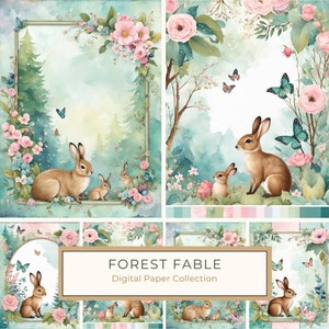 Wasserfarben Shabby Chic Style Digitales Papier Set: Waldfabel, Waldhase und Hirsch, DIY Handwerk, Kommerzielle Nutzung, 10 JPGs