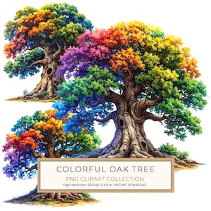 Puede incluir: Ilustración digital de tres robles coloridos. Los árboles tienen troncos y ramas marrones gruesos y texturizados, con un follaje vibrante en tonos de rojo, naranja, amarillo, verde, azul y morado. Incluye el texto "COLORFUL OAK TREE PNG CLIPART COLLECTION".