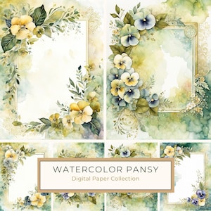 Cadre pensée aquarelle, papier numérique à bordure florale jaune, lot de 10 fichiers JPG, arrière-plans pour carte de mariage, pages de scrapbooking, usage commercial