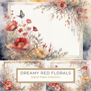 Pacote de papel digital com moldura floral aquarela vermelha, mistura de vermelho escuro e bege, convites faça você mesmo, fundo para scrapbook, uso comercial, 10 JPGs