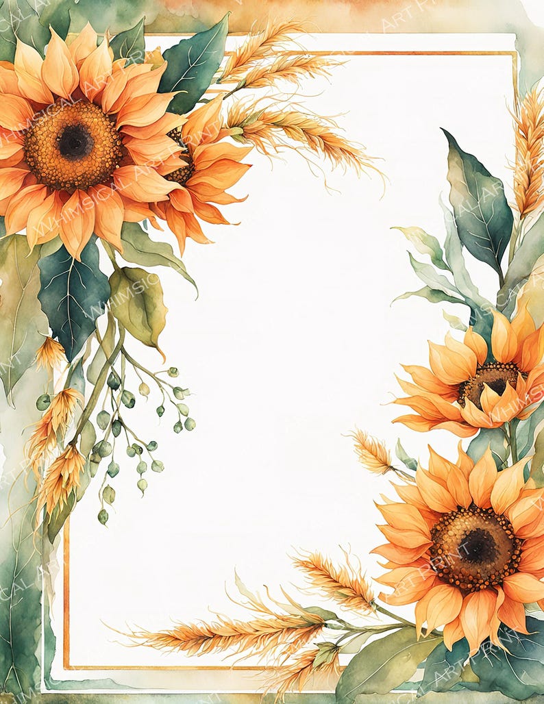 Sunflower Rectangular Border Watercolor Sunflower Frame: Autumn Floral Borders (digital Paper Pack ...