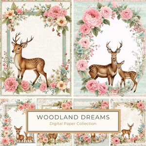 Waldträume: Aquarell Shabby Chic Style Digital Papier Set mit Blumenrahmen, Wald Wald Hirsch, DIY Geschenk, Kommerzielle Nutzung, 10 JPGs