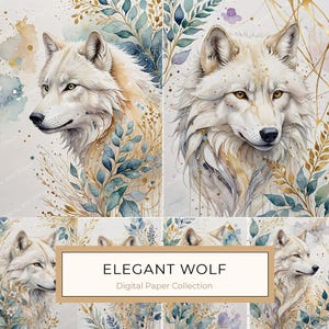 May include: Digital paper collection featuring watercolor illustrations of a white wolf with gold and blue foliage. The text "Elegant Wolf" and "Digital Paper Collection" is displayed on the image.