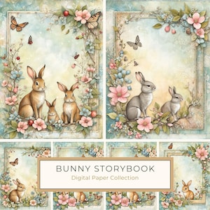 Bunny-verhalenboek: aquarel shabby chique stijl digitale papierset met bloemenlijst, boskonijn, doe-het-zelfcadeau, commercieel gebruik, 10 jpg's